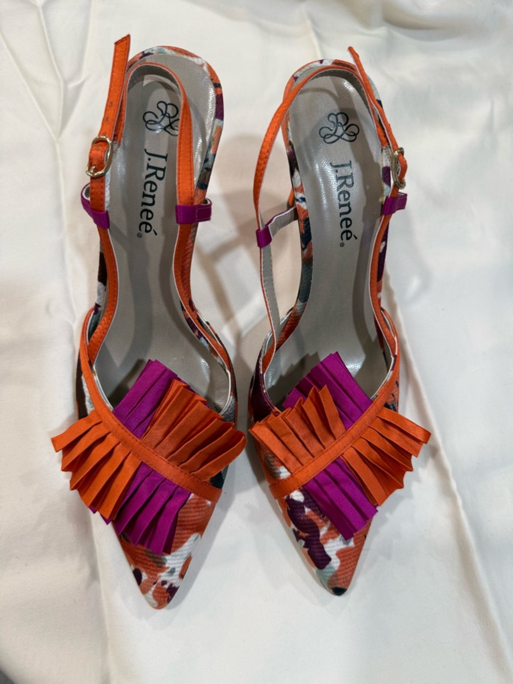 J.Renee Women's Orange & Purple Fringe Slingback Heels Pointed Toe